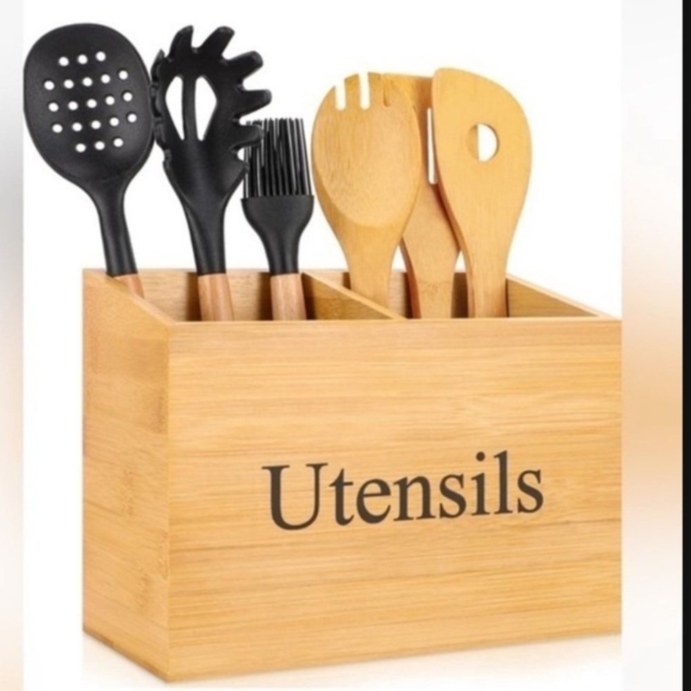 UTENSILS Bamboo Color Utensil Holder for Countertop, Farmhouse rustic organizer